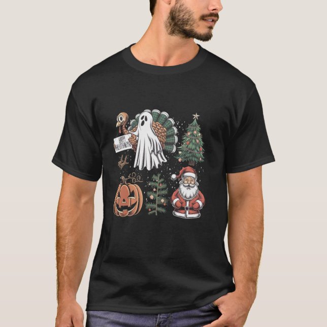Happy Hallothanksmas Ghost Turkey Pumpkin Christma T-Shirt (Vorderseite)