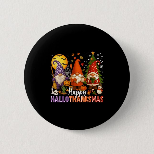 Happy Hallothanksmas Gnomes Halloween Erntedank Button (Vorderseite)
