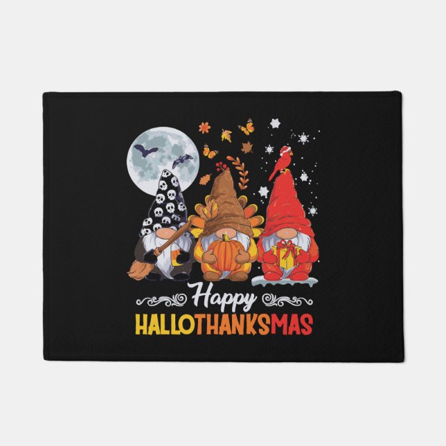 Happy Hallothanksmas Gnomes Halloween Erntedank Fußmatte (Vorderseite)