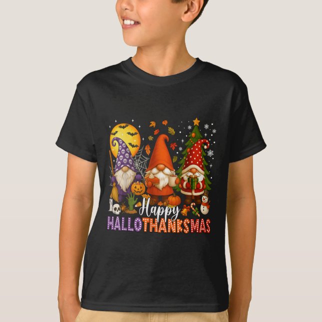 Happy Hallothanksmas Gnomes Halloween Erntedank T-Shirt (Vorderseite)