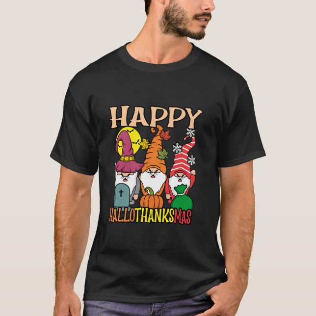Happy Hallothanksmas Gnomes Halloween Thanksgiving T-Shirt (Vorderseite)