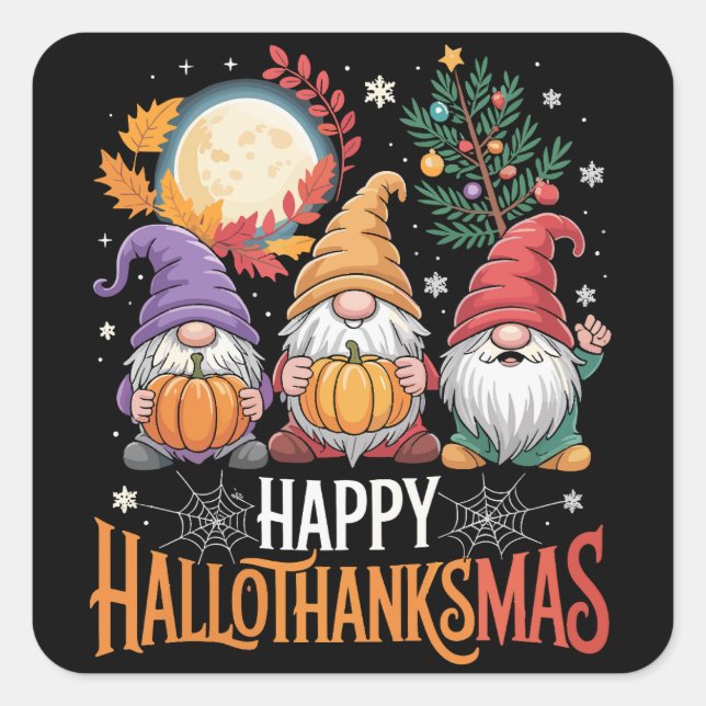 Happy Hallothanksmas Gnomes Lover Halloween Xmas Quadratischer Aufkleber (Vorderseite)