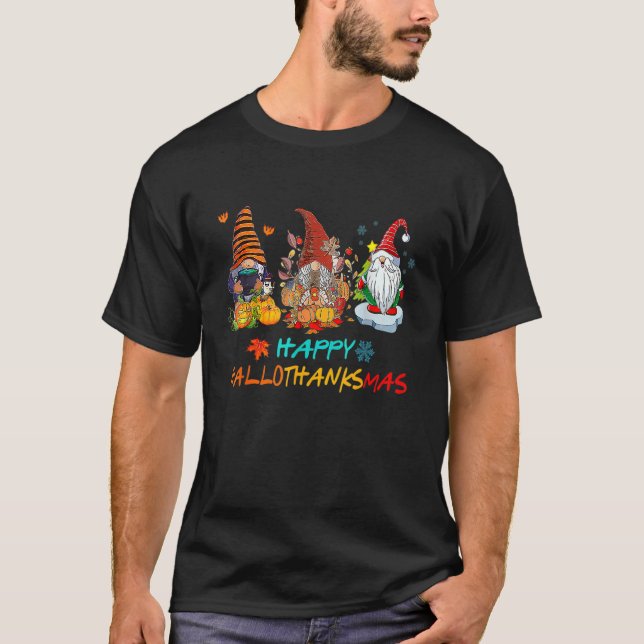 Happy Hallothanksmas Gnomes  Witch Santa Hat Pumpk T-Shirt (Vorderseite)