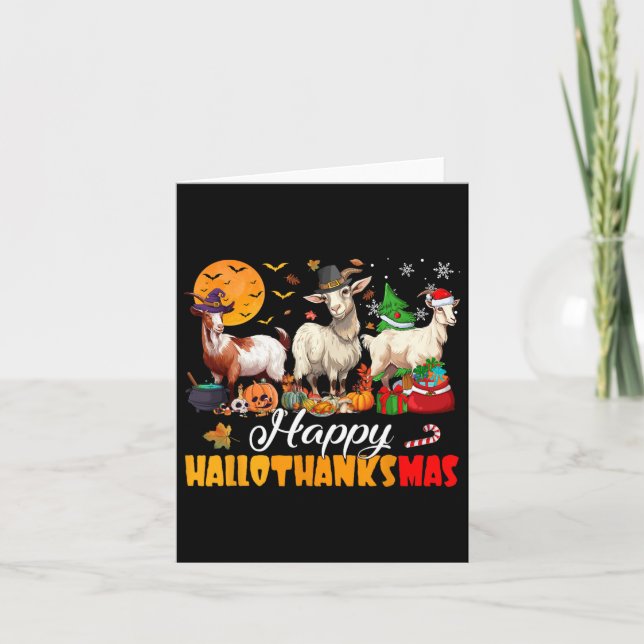 Happy Hallothanksmas Goat Halloween Erntedank C Karte (Vorderseite)