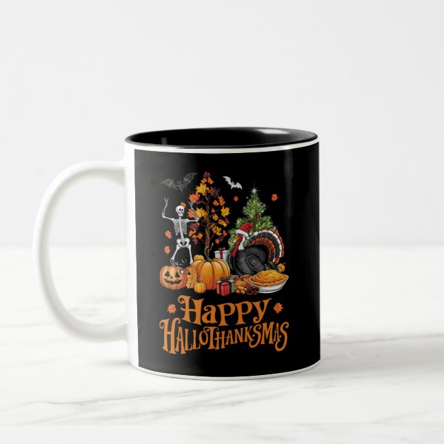 Happy Hallothanksmas Happy Halloween Erntedank Zweifarbige Tasse (Links)