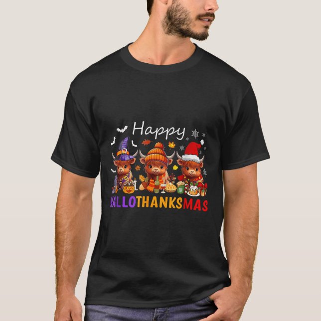 Happy Hallothanksmas Highland Cow Halloween Merry T-Shirt (Vorderseite)