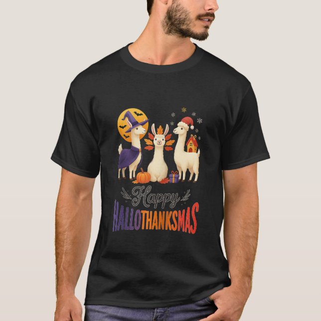 Happy Hallothanksmas Llamas Halloween Thanksgiving T-Shirt (Vorderseite)