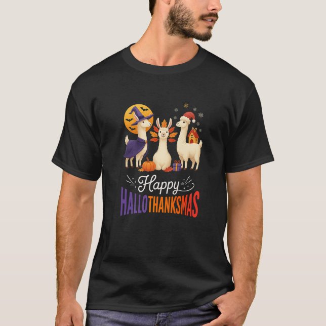 Happy Hallothanksmas Llamas Halloween Thanksgiving T-Shirt (Vorderseite)