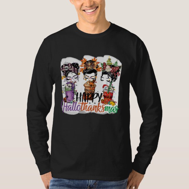 Happy Hallothanksmas Messy Bun Halloween Thanksgiv T-Shirt (Vorderseite)