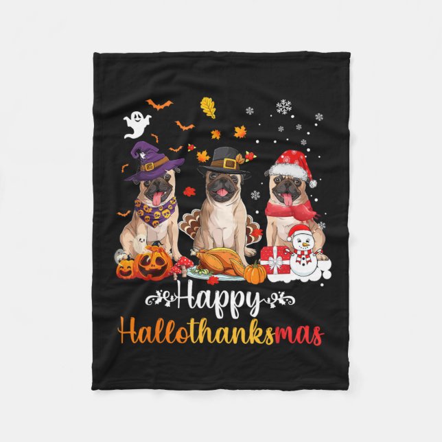 Happy Hallothanksmas Mops Hund Halloween Fleecedecke (Vorderseite)