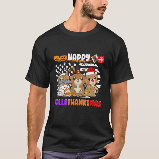 Happy Hallothanksmas Otter  Thanksgiving Christmas T-Shirt (Vorderseite)
