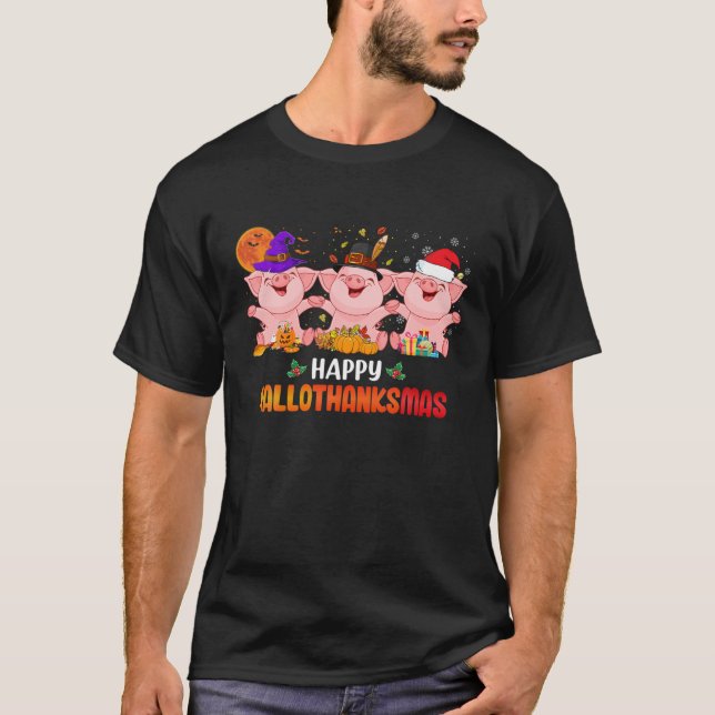 Happy Hallothanksmas Pig Lover Halloween Thanksgiv T-Shirt (Vorderseite)