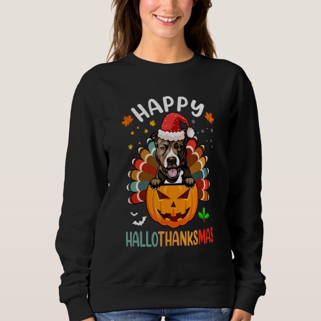 Happy Hallothanksmas Pitbull Dog Santa Pumpkin Tur Sweatshirt (Vorderseite)