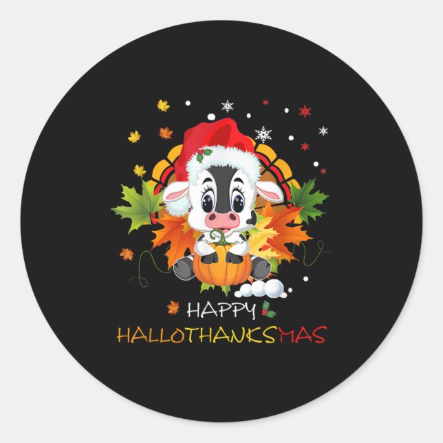 Happy Hallothanksmas Pumpkin Türkei Niedliche Kuh Runder Aufkleber (Vorderseite)