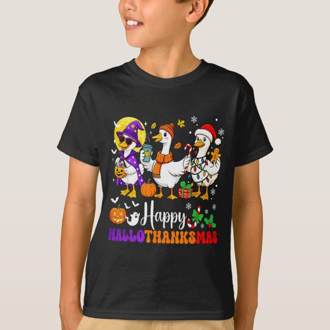 Happy Hallothanksmas Santa Goose Witch Soky Season T-Shirt (Vorderseite)