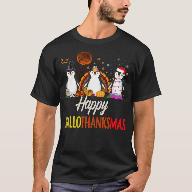 Happy Hallothanksmas Santa Penguin Halloween Thank T-Shirt (Vorderseite)