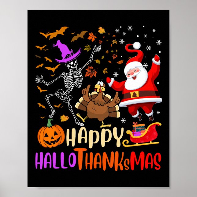 Happy Hallothanksmas Skeleton Pumpkin Türkei Santa Poster (Vorne)