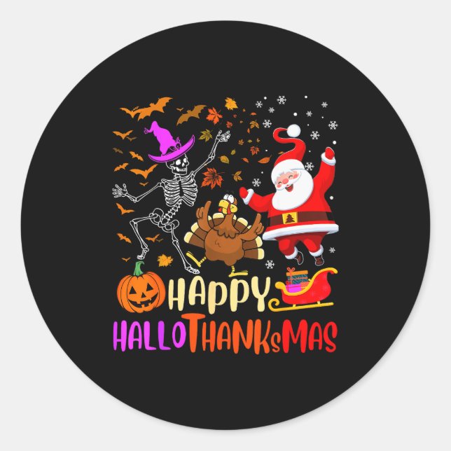 Happy Hallothanksmas Skeleton Pumpkin Turkey Santa Runder Aufkleber (Vorderseite)