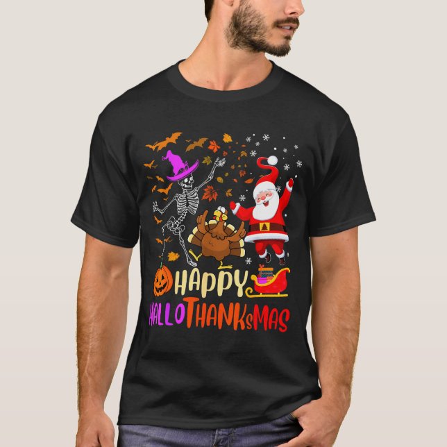 Happy Hallothanksmas Skeleton Pumpkin Turkey Santa T-Shirt (Vorderseite)
