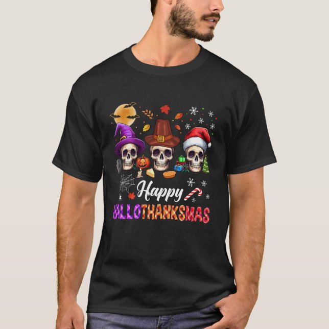 Happy Hallothanksmas Skull Halloween Erntedank T-Shirt (Vorderseite)