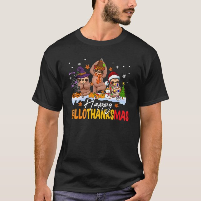 Happy Hallothanksmas Sloth  Thanksgiving Christmas T-Shirt (Vorderseite)