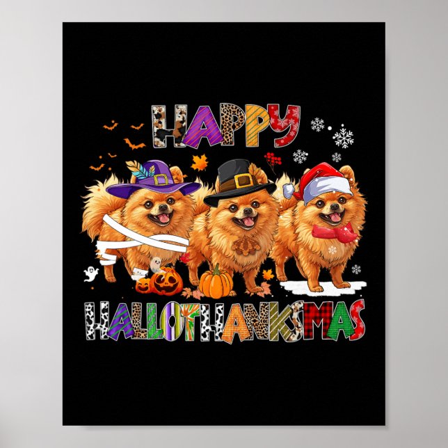 Happy Hallothanksmas Spitz Hund Halloween Chri Poster (Vorne)