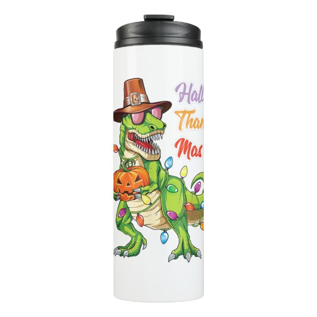 Happy Hallothanksmas T Rex Halloween Erntedank Thermosbecher (Vorderseite)