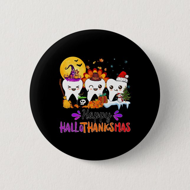 Happy Hallothanksmas Teeth Halloween Erntedank Button (Vorderseite)