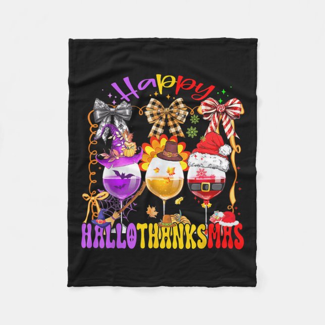 Happy Hallothanksmas Wine Gl Halloween Thanksgivin Fleecedecke (Vorderseite)