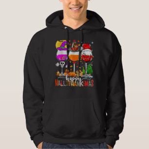 Happy Hallothanksmas Wine Glasses Witch Santa Hat Hoodie