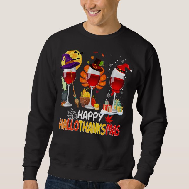 Happy Hallothanksmas Wine Glasses Witch Santa Hat Sweatshirt (Vorderseite)