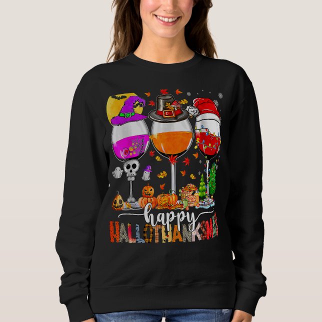 Happy Hallothanksmas Wine Glasses Witch Santa Hat Sweatshirt (Vorderseite)