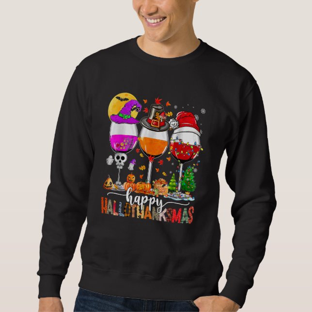 Happy Hallothanksmas Wine Glasses Witch Santa Hat Sweatshirt (Vorderseite)