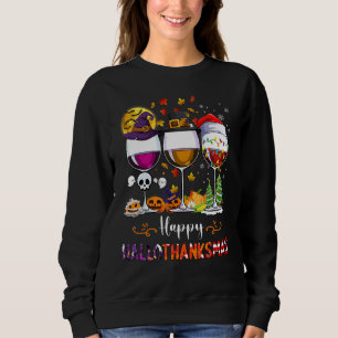Happy Hallothanksmas Wine Glasses Witch Santa Hat Sweatshirt