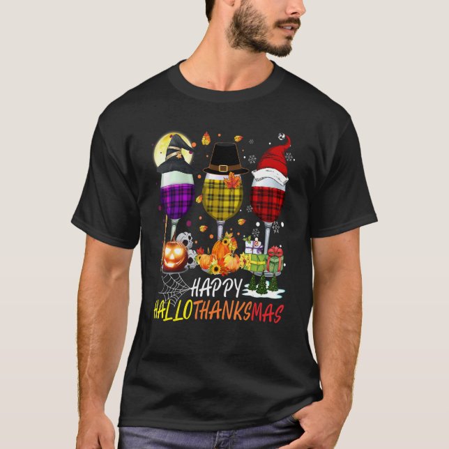 Happy Hallothanksmas Wine Glasses Witch Santa Hat T-Shirt (Vorderseite)