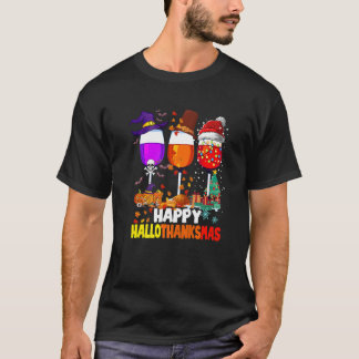 Happy Hallothanksmas Wine Glasses Witch Santa Hat T-Shirt