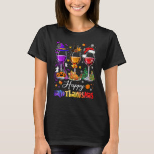 Happy Hallothanksmas Wine Glasses Witch Santa Hat T-Shirt