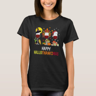 Happy Hallothanksmas Wine Glasses Witch Santa Hat T-Shirt
