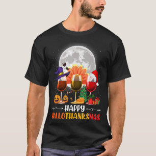 Happy Hallothanksmas Wine Glasses Witch Santa Hat T-Shirt