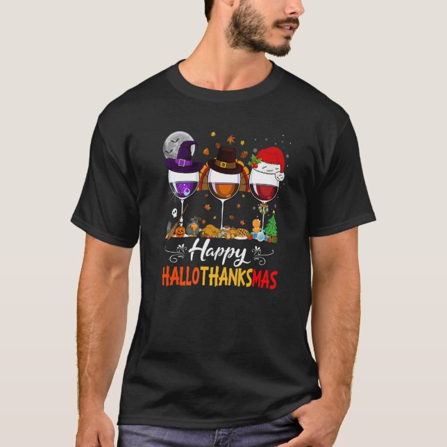 Happy Hallothanksmas Wine Glasses Witch Santa Hat  T-Shirt (Vorderseite)