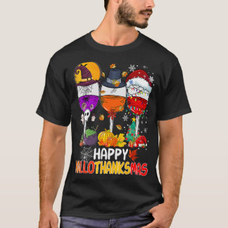 Happy Hallothanksmas Wine Glasses Witch Santa Hat T-Shirt