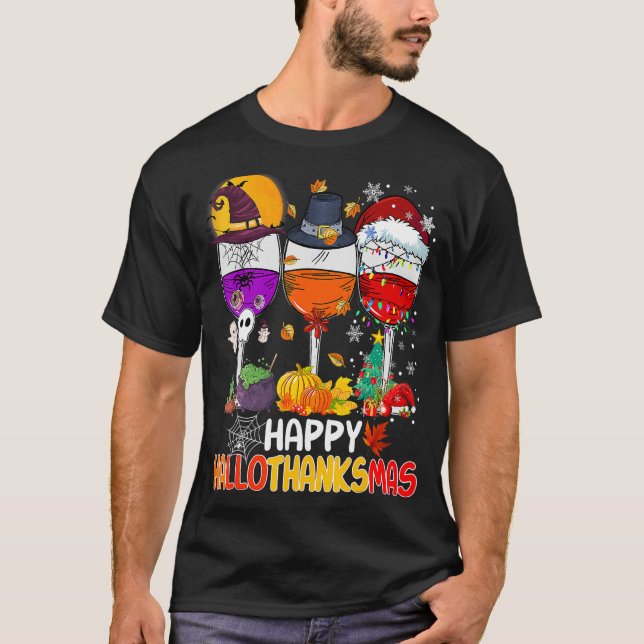 Happy Hallothanksmas Wine Glasses Witch Santa Hat T-Shirt (Vorderseite)