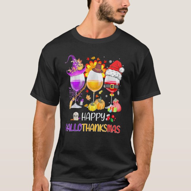 Happy Hallothanksmas Wine Glasses Witch Santa Hat T-Shirt (Vorderseite)