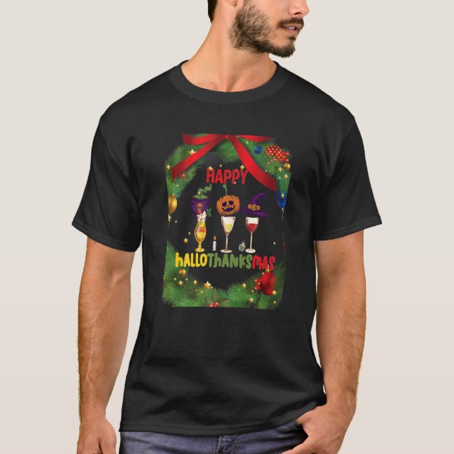 Happy Hallothanksmas Wine Glasses Witch Santa Hat T-Shirt (Vorderseite)