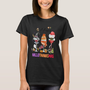 Happy Hallothanksmas Wine Glasses Witch Santa Hat T-Shirt