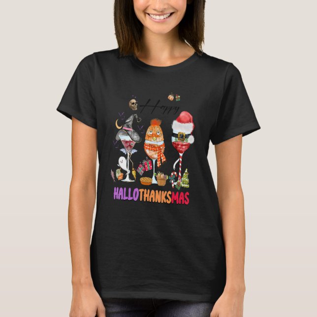 Happy Hallothanksmas Wine Glasses Witch Santa Hat T-Shirt (Vorderseite)