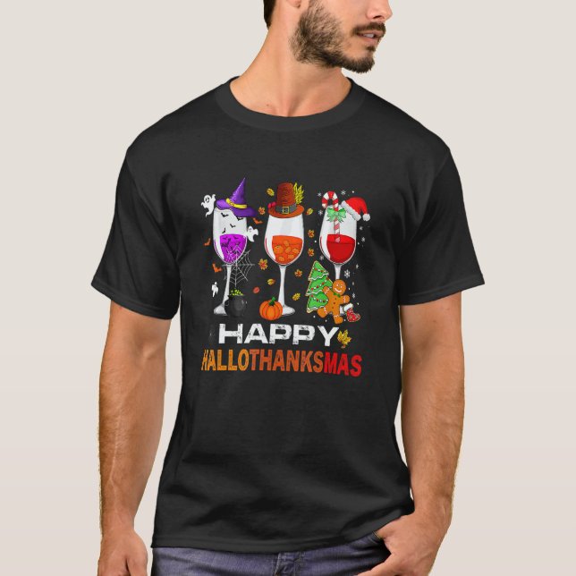 Happy Hallothanksmas Wine Glasses Witch Santa Hat  T-Shirt (Vorderseite)