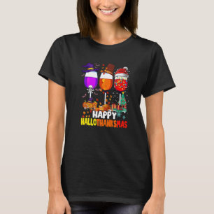 Happy Hallothanksmas Wine Glasses Witch Santa Hat T-Shirt