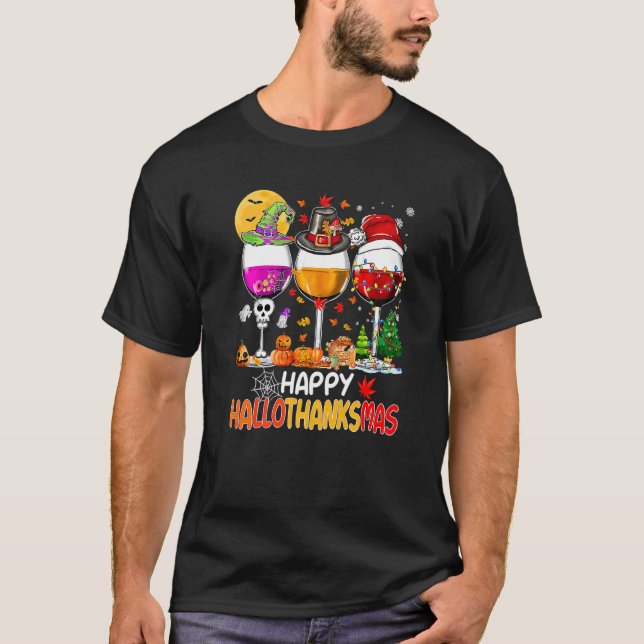 Happy Hallothanksmas Wine Glasses Witch Santa Hat T-Shirt (Vorderseite)