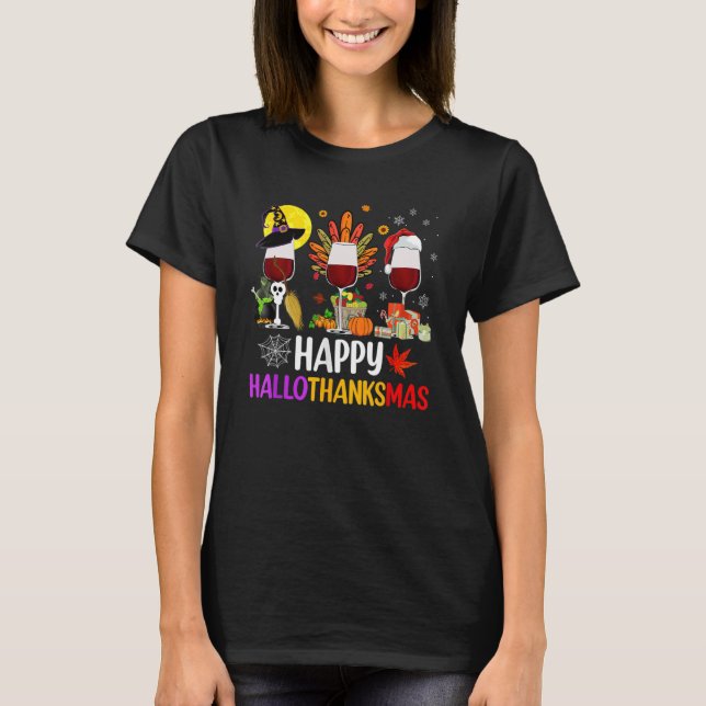 Happy Hallothanksmas Wine Glasses Witch Santa Hat T-Shirt (Vorderseite)